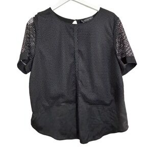 St John Black Mesh Overlay Sheer‎ Short Sleeve Top Women's Size L
